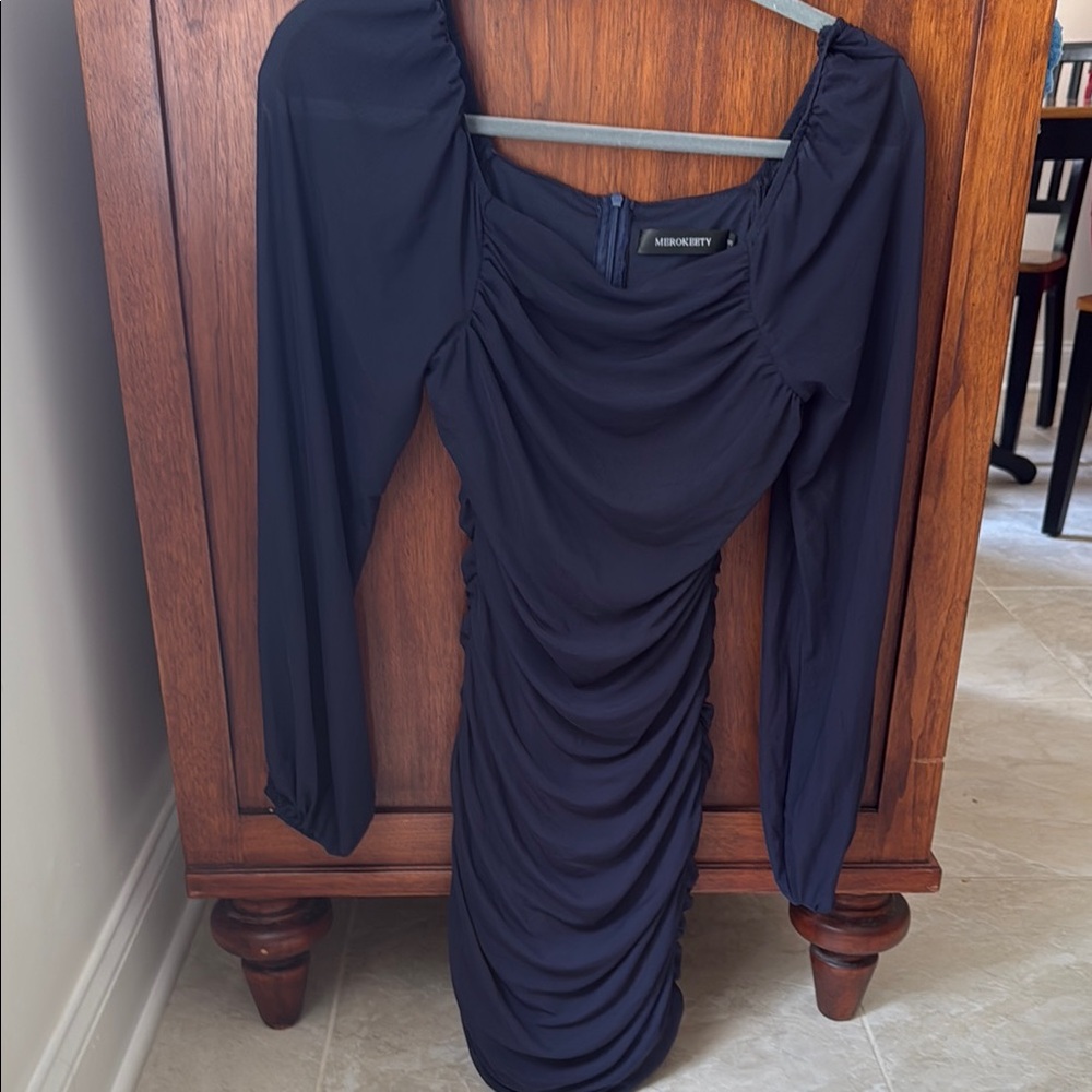 Navy Blue Ruched Long Sleeve Dress